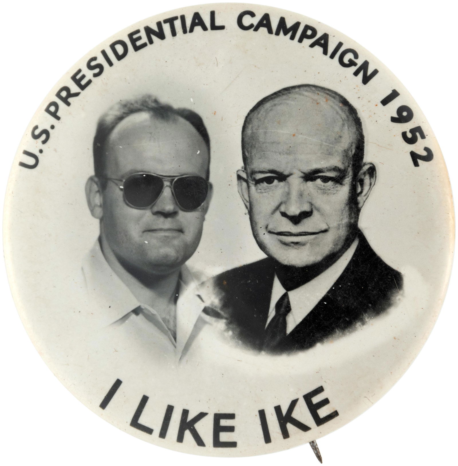 IKE & STRANGER 1952 "I LIKE IKE" NOVELTY CAMPAIGN: 2" w/real photo portraits. Additional text "U.S. Presidential Campaign 1952." Available at county fairs and other public events in 1952, and supporters of Ike (or Stevenson) could have their photo tak