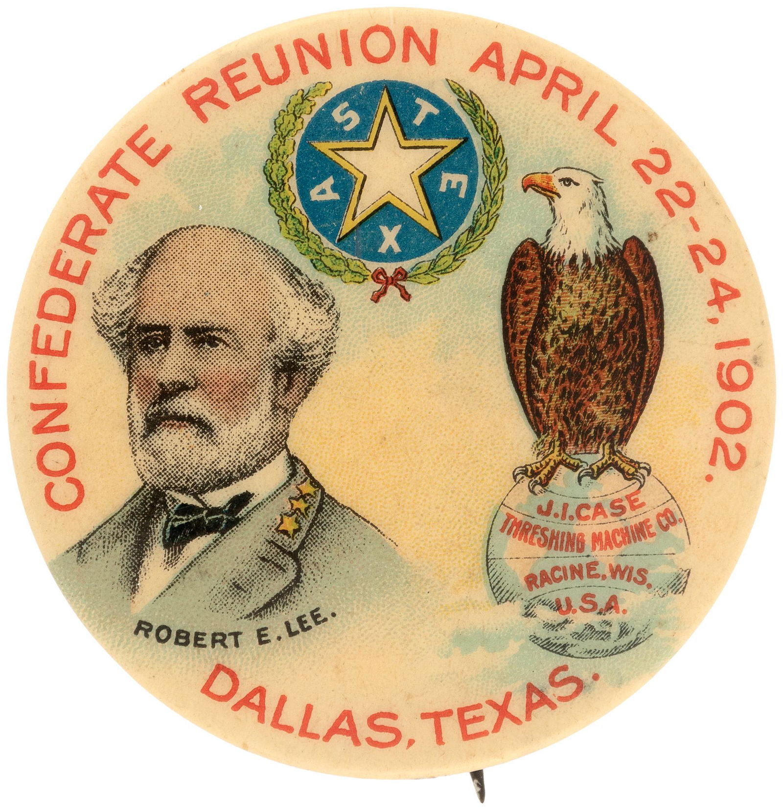 CONFEDERATE REUNION 1902 DALLAS WITH ROBERT E. LEE: See previous lot for the 1901 UVC button. Outstanding 1.75" w/W&H paper and the first in at least a four year series issued by farm equipment maker in conjunction with annual United Confederate Vetera