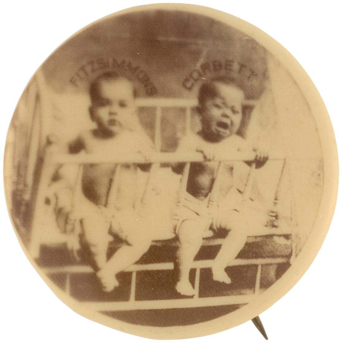1897 REAL PHOTO BUTTON SHOWS BABIES IN CRIB WITH: 1.25" no maker and no back paper but of the style and construction used by W&H for their series of buttons for Cameo Pepsin Gum. From the time of the Carson City fight in 1897, perhaps made after the