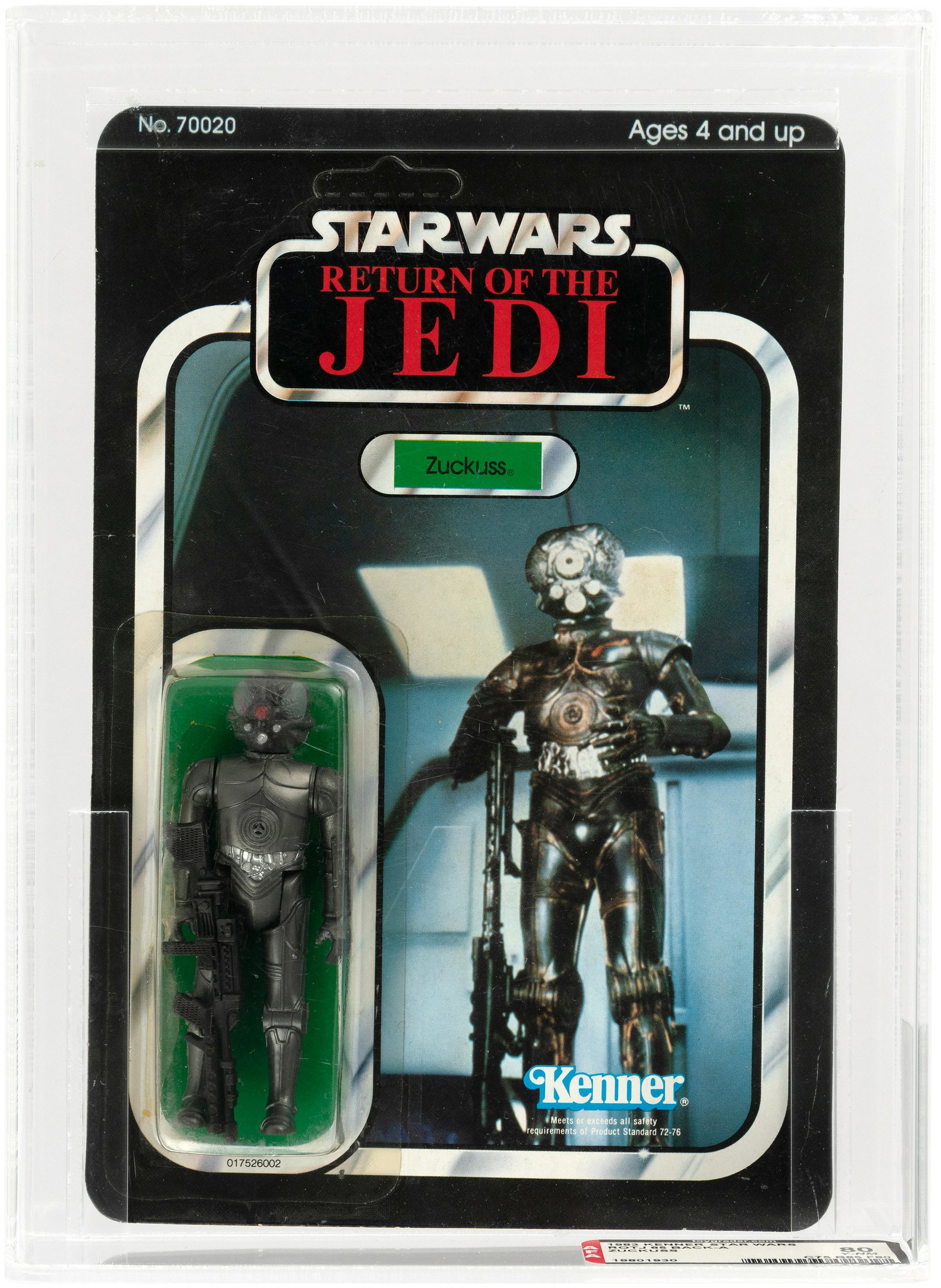 STAR WARS: RETURN OF THE JEDI - ZUCKUSS 65 BACK-A AFA: AFA graded and encapsulated 65 Back-A blister card contains 3.75" tall action figure of Zuckuss from Kenner's popular 1983 Star Wars: Return Of The Jedi toyline, ©1983 Lucasfilm Ltd. Card is unpu