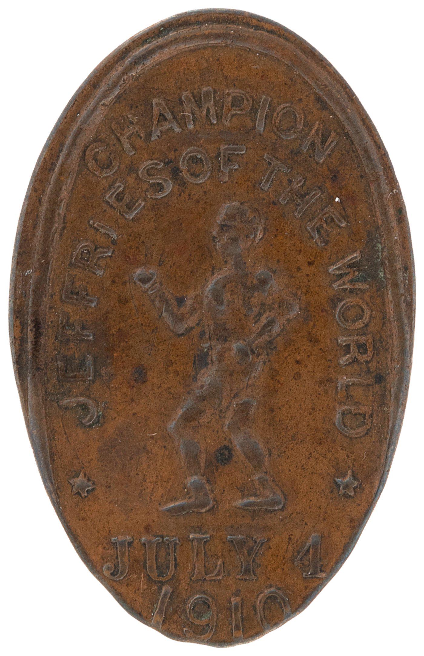 1910 JACK JOHNSON VS JIM JEFFRIES BOUT ROLLED CENT: 1-3/16" long Indian Head penny with readable date of 1901. Opposite side has fairly good likeness full figure of Jim Jeffries with surrounding text in odd word order seemingly due to the length of his