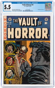 VAULT OF HORROR #32 AUGUST-SEPTEMBER 1953 CGC 5.5: EC. Censored cover and story. Johnny Craig, Bill Gaines and Al Feldstein stories. Johnny Craig cover and art w/additional art by Jack Davis, George Evans and Graham Ingels. Off-white to white pages.