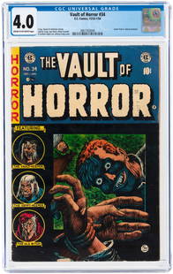 VAULT OF HORROR #34 DECEMBER 1953-JANUARY 1954 CGC 4.0: EC. Letter from E. Nelson Bridwell. Johnny Craig, Bill Gaines and Al Feldstein stories. Johnny Craig cover and art w/additional art by Jack Davis, Reed Crandall and Graham Ingels. Cream to off-white p