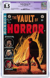 VAULT OF HORROR #36 APRIL-MAY 1954 CGC RESTORED 8.5: EC. Classic opium addiction story. Letter from Bill Spicer. Johnny Craig story, cover and art w/additional art by Graham Ingels, Bernard Krigstein and Jack Davis. As for CGC restoration note, this inc