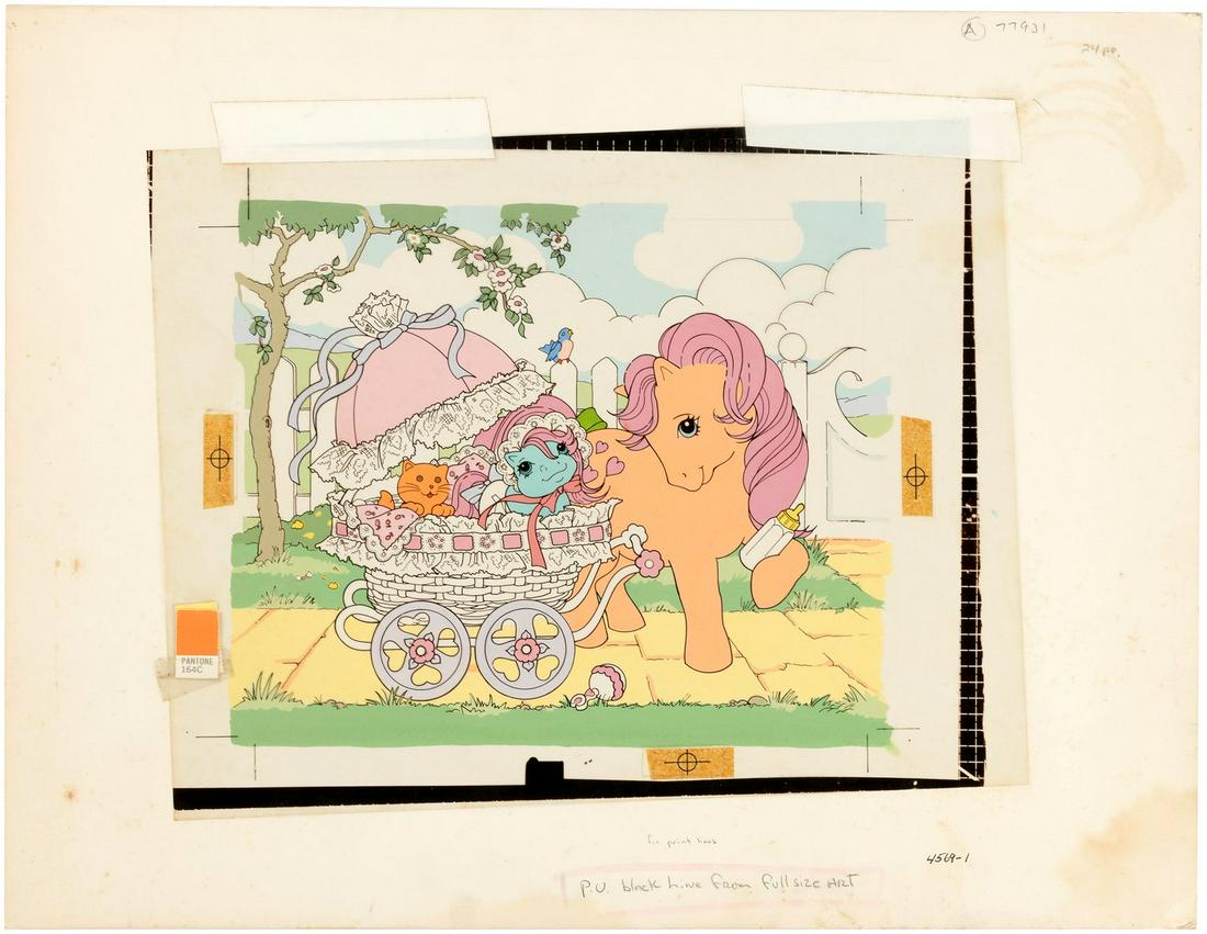 MY LITTLE PONY - BABY PONY PUZZLE PRODUCTION ORIGINAL: 15x19.5" Bainbridge Illustration Board has attached approx. 11x14" acetate sheet featuring production art stat for 1985 Milton Bradley puzzle. Artboard features color original art which, when combined