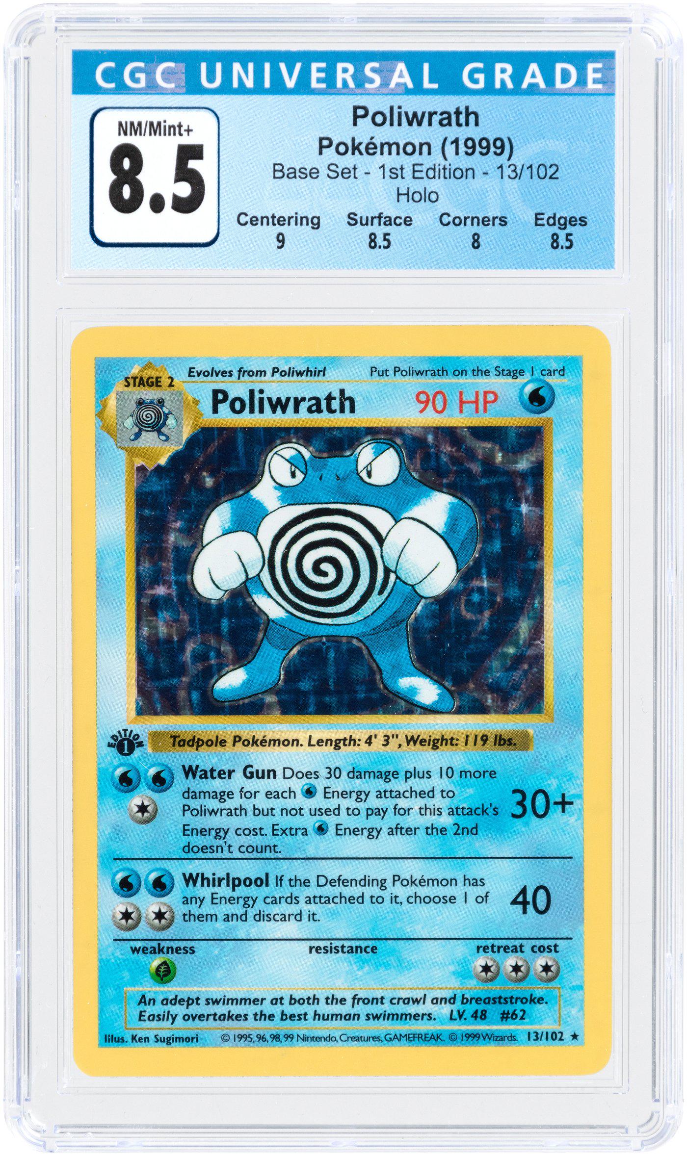 1999 POKÉMON BASE SET POLIWRATH 13/102 1ST EDITION: The Base Set has 102 cards and this is #13. The artwork is by Ken Sugimori. The overall grade on this First Edition Base Set card is 8.5 NM/Mint. Subgrades are as follows: Centering 9, Surface 8.5, Co