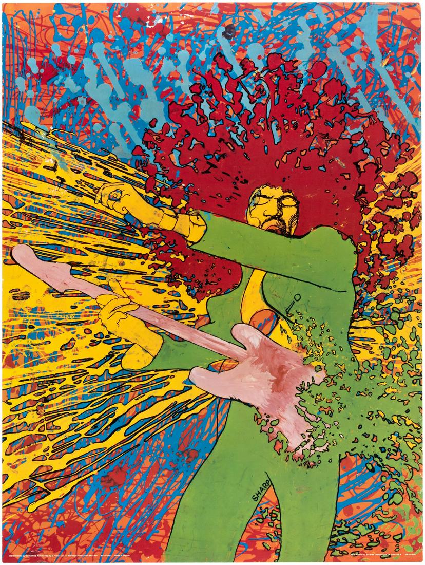 JIMI HENDRIX 1971 "EXPLOSION" HEAD SHOP POSTER BY: 27-5/8x36-7/8" offset litho American release poster on glossy paper featuring explosive and colorful psychedelic art by Australian artist Martin Sharp, showing Jimi Hendrix playing riff on his guitar.