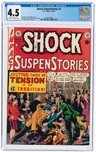 SHOCK SUSPENSTORIES #2 APRIL-MAY 1952 CGC 4.5 VG+.: SHOCK SUSPENSTORIES #2 APRIL-MAY 1952 CGC 4.5 VG+. EC. Bill Gaines and Al Feldstein stories. Wally Wood cover and art w/additional art by Jack Davis, Graham Ingels and Jack Kamen. Off-white to white p