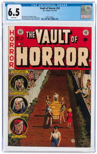 VAULT OF HORROR #33 OCTOBER-NOVEMBER 1953 CGC 6.5: VAULT OF HORROR #33 OCTOBER-NOVEMBER 1953 CGC 6.5 FINE+. EC. Bill Gaines and Al Feldstein stories. Johnny Craig cover. Reed Crandall, Jack Davis, George Evans and Graham Ingels art. White pages. Class