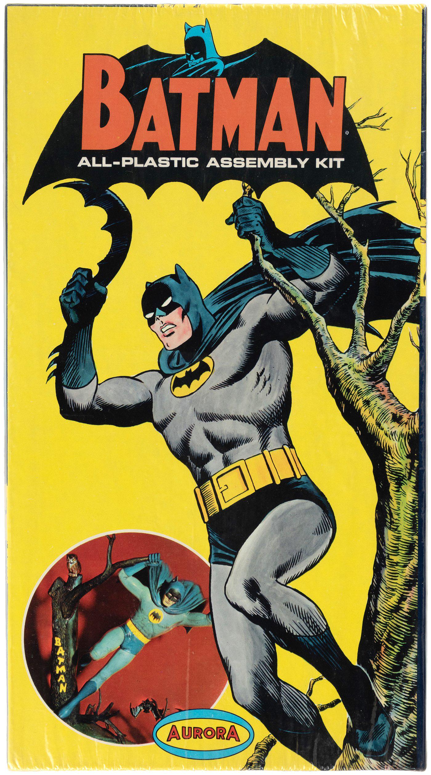 AURORA BATMAN FACTORY SEALED MODEL KIT IN BOX.: AURORA BATMAN FACTORY SEALED MODEL KIT IN BOX. 7x13x2.25" deep cardboard box w/illustrated lid contains Aurora Kit No. 467-149, ©1964 NPP. Illustration features the Batman swinging from tree w/ba