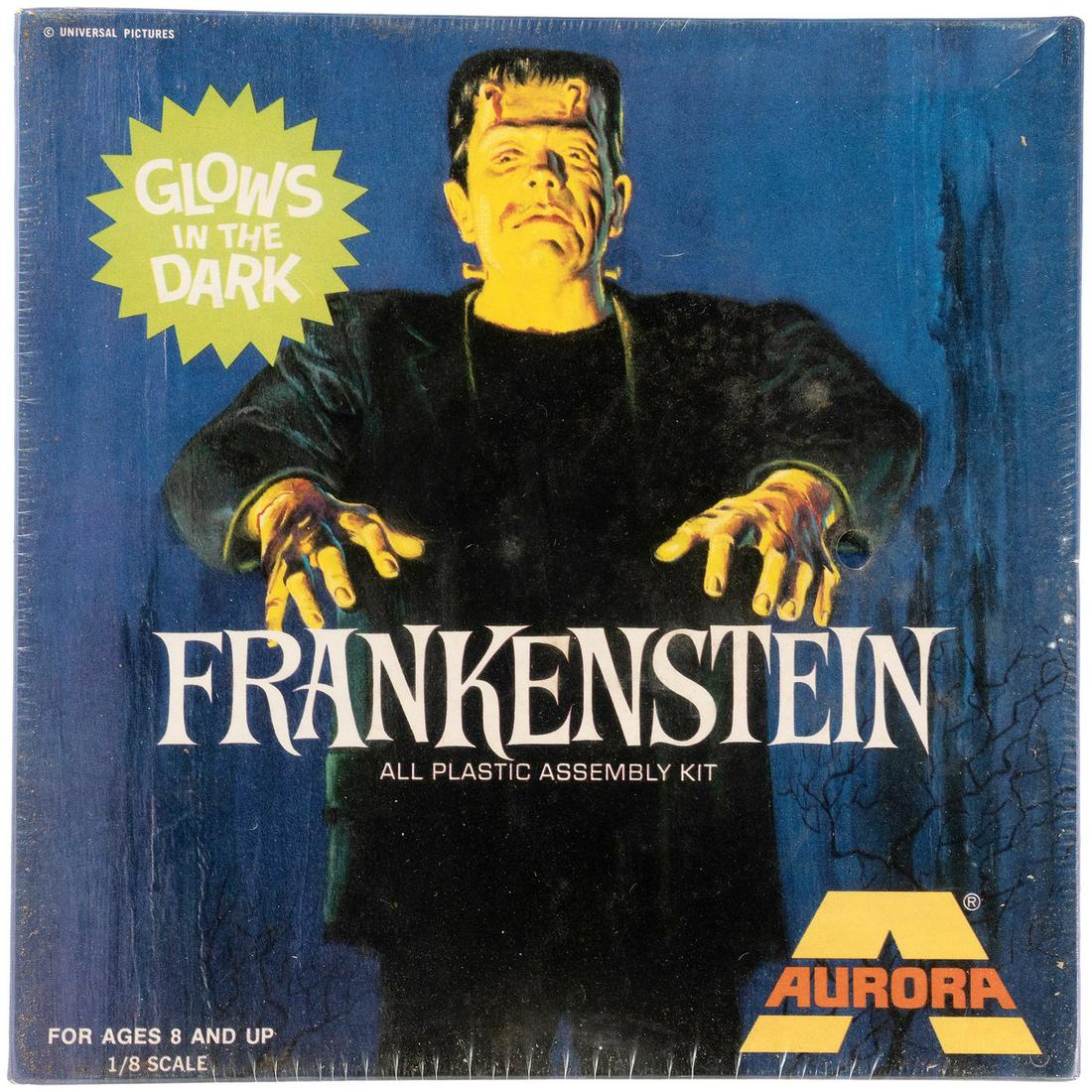 AURORA GLOW FRANKENSTEIN FACTORY SEALED MODEL KIT IN: AURORA GLOW FRANKENSTEIN FACTORY SEALED MODEL KIT IN BOX. 8.25x8.25x3.25" deep box contains model #449. ©1972 Universal Pictures. One side panel was sliced most likely when original case was open