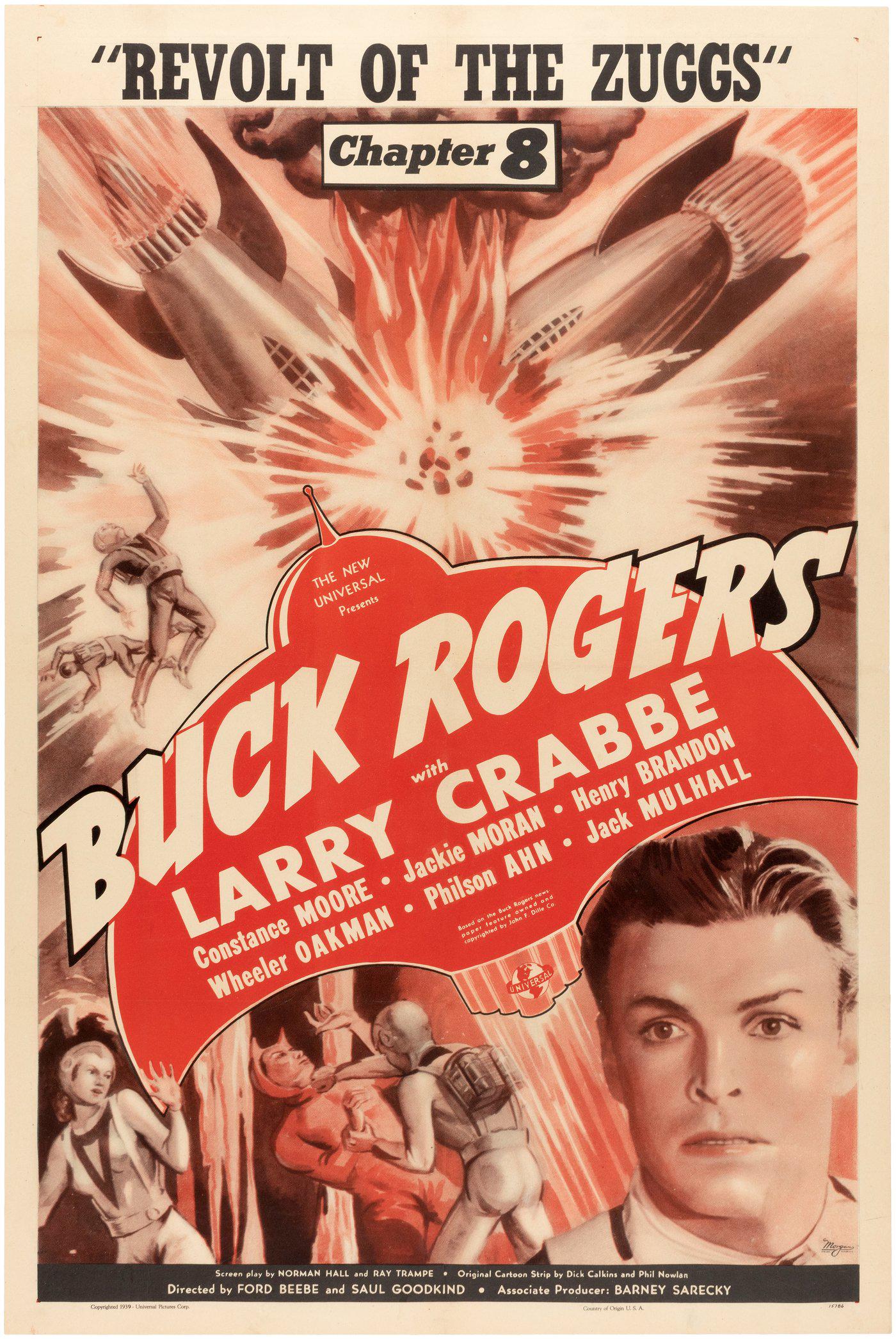 BUCK ROGERS CHAPTER 8 LINEN-MOUNTED MOVIE SERIAL: BUCK ROGERS CHAPTER 8 LINEN-MOUNTED MOVIE SERIAL ONE-SHEET POSTER. 27.5x41" poster for Chapter 8, "Revolt Of The Zuggs," of the 1939 12 chapter Sci-Fi movie serial, produced by Universal Pictures and