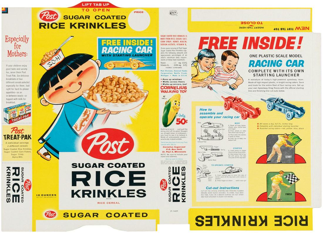 POST SUGAR COATED RICE KRINKLES FILE COPY CEREAL BOX: POST SUGAR COATED RICE KRINKLES FILE COPY CEREAL BOX FLAT WITH "RACING CAR" OFFER. 12-3/8x17.25" flat from c. 1960. Box features So-Hi mascot on front w/text block promoting toy. Back panel has "Racin