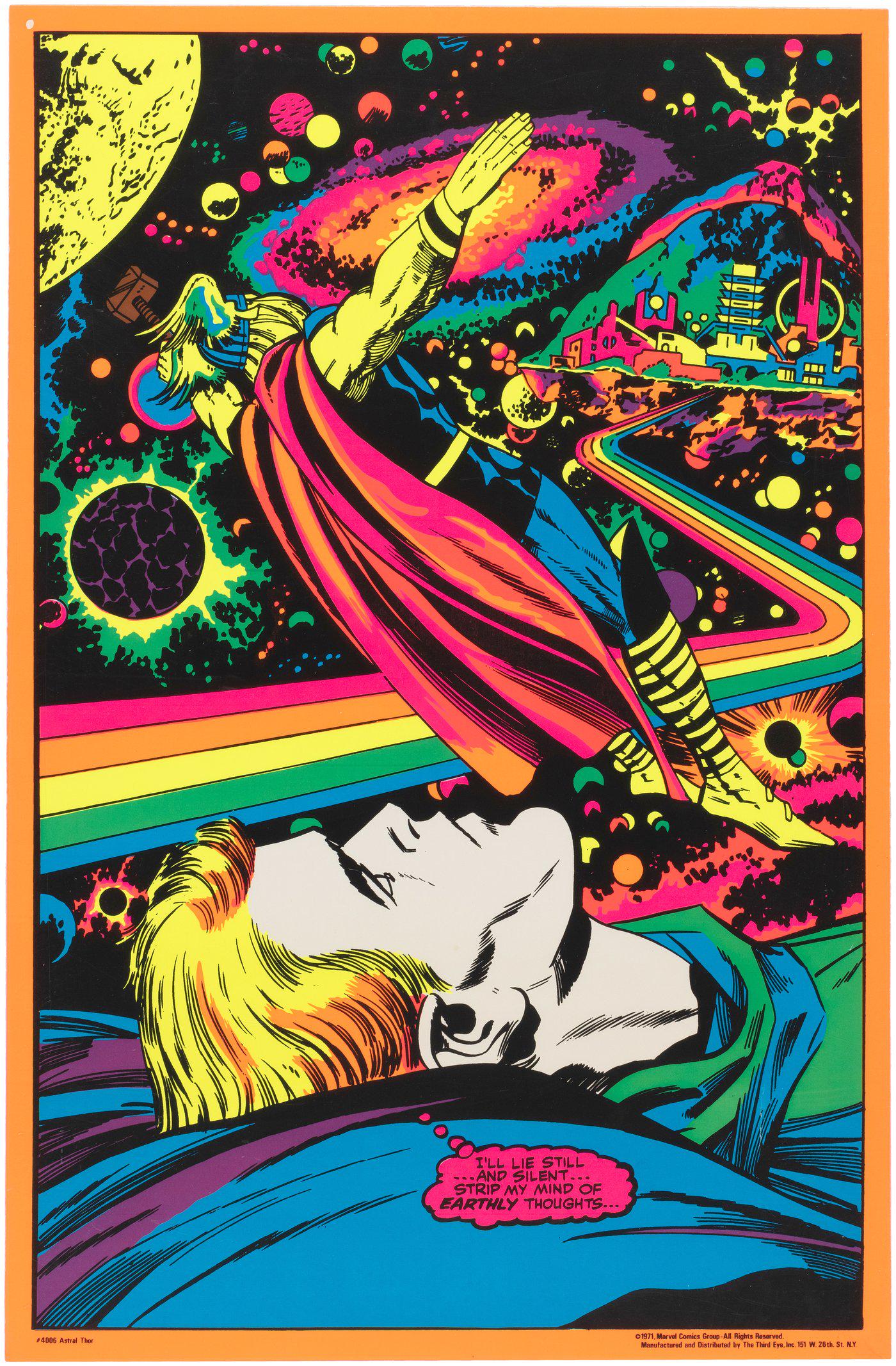 MARVEL THIRD EYE HIGH GRADE THOR BLACKLIGHT POSTER.: 21.5x33" stiff paper poster printed in special fluorescent inks on high quality paper. ©1971 Marvel. From a set of 24, this is #4006, titled "Astral Thor." Based on Jack Kirby/Vince Colletta artw