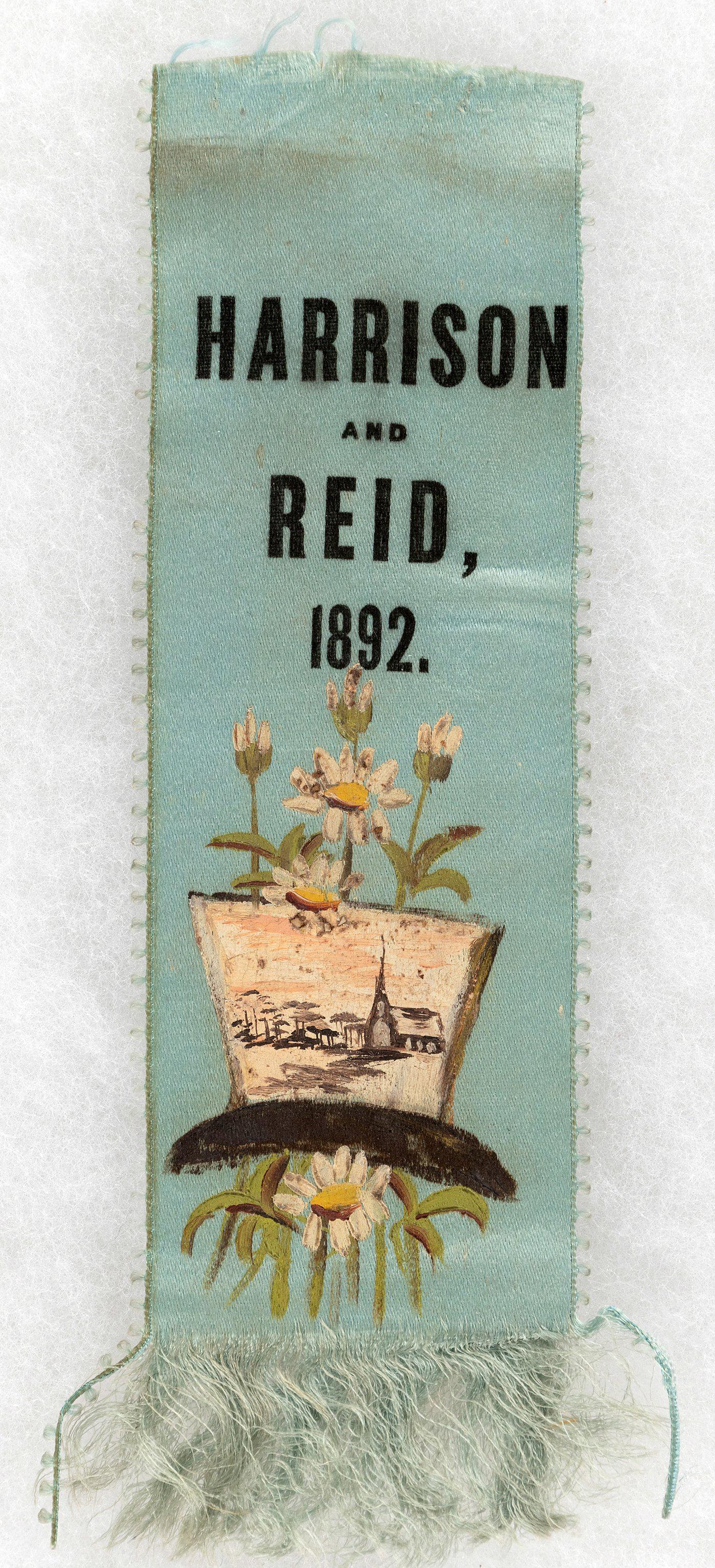 HARRISON AND REID 1892 HAND PAINTED FOLK ART TOP HAT RIBBON.: 2-1/8x7.5". Silk. On the ribbon is hand-painted artwork image of the Harrison top hat w/flowery design above and below. Inside the top hat is a church scene image. Some minor fraying at the top w/some