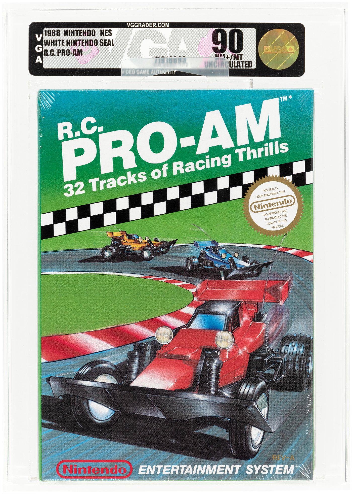 NINTENDO NES (1988) R.C. PRO-AM (WHITE NINTENDO SEAL) VGA 90 NM+/MINT UNCIRCULATED.: Nintendo game cartridge. Developed by Rare, it was one of their first successful NES games. Well-received for its visuals, sound and gameplay, it inspired subsequent games such as Super Off Road, Rock