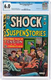 SHOCK SUSPENSTORIES #1 FEBRUARY-MARCH 1952 CGC 6.0 FINE.: EC. Electrocution cover. Al Feldstein and Bill Gaines stories. Al Feldstein cover. Jack Kamen, Jack Davis, Joe Orlando and Graham Ingels art. Light tan to off-white pages.