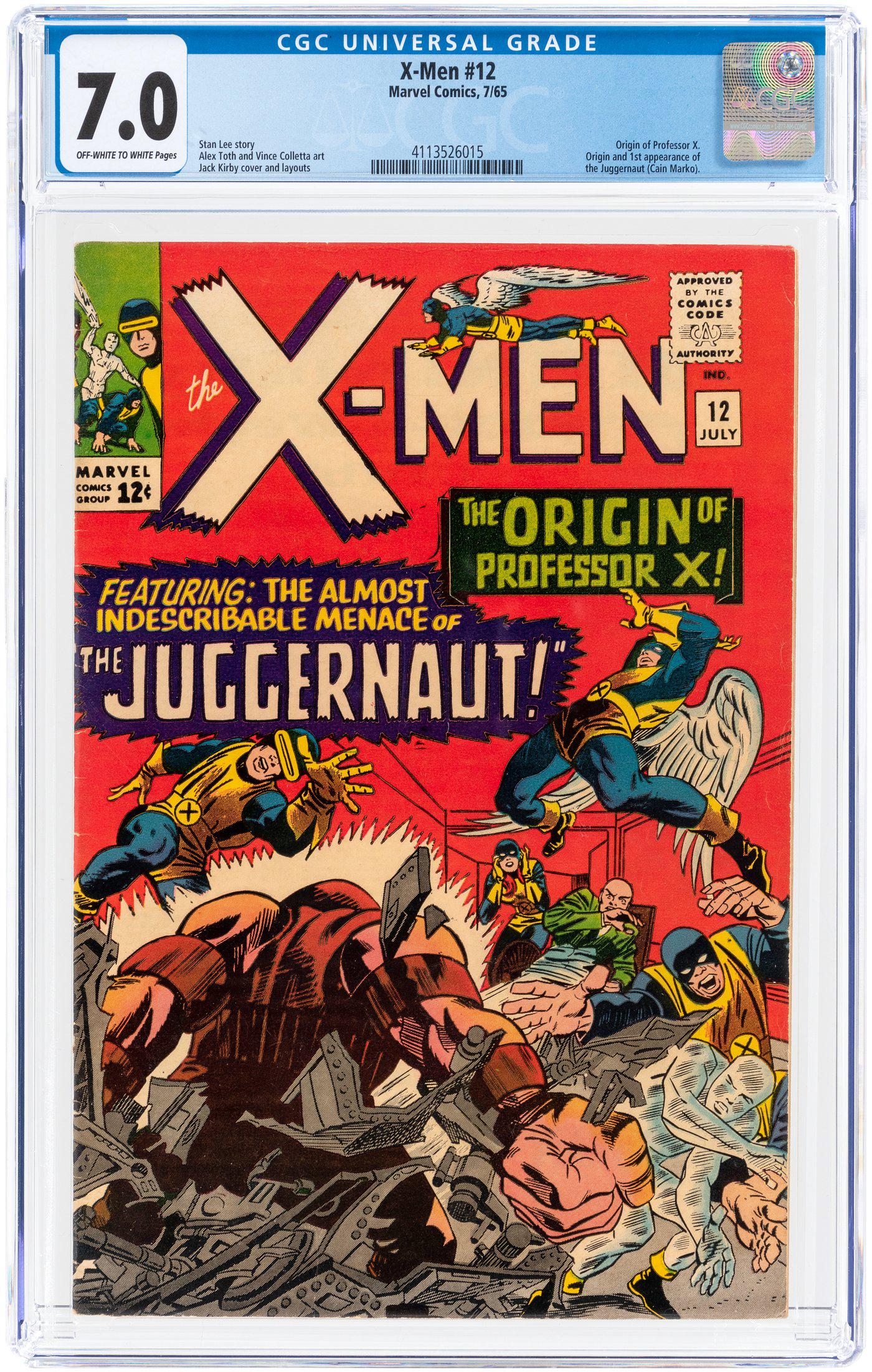 X-MEN #12 JULY 1965 CGC 7.0 FINE/VF (FIRST JUGGERNAUT).: Marvel. Origin of Professor X. Origin and first appearance of The Juggernaut (Cain Marko). Stan Lee story. Jack Kirby cover and layouts. Alex Toth and Vince Colletta art. Off-white to white pages. Key