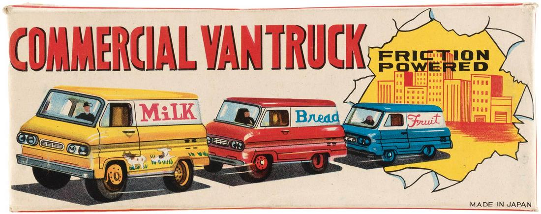COMMERCIAL BREAD BAKERY FRUIT CAKE JAPAN FRICTION TIN VAN IN BOX.: 3.25x3.5x9" box contains 9" long tin bread van. c.1950s. Japan. Box has lt. aging/wear. Nice Milk, Bread, Fruit variety lid graphic. Fine. Truck has lt. aging/wear on painted areas. Scattered scratche