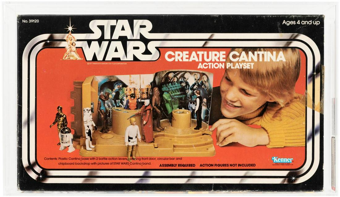 STAR WARS (1979) - CREATURE CANTINA ACTION PLAYSET AFA 70 EX+.: Boxed set contains Kenner playset base and cardboard backdrop w/action levers, opening front door and circular bar.