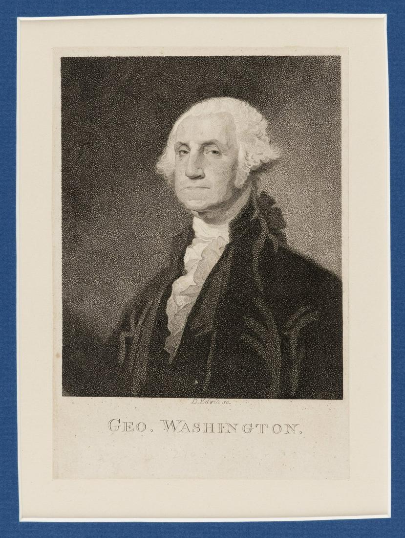 GEO. WASHINGTON 1804 JOHN MARSHALL ENGRAVING FRONTIS.: Matted to 10.5x12.5" (4x6" w/added margins). Life of Washington, Philadelphia frontispiece engraved by David Edwin. Iconic pose and strong strike. Hart 361 and Baker 210. Extremely Fine.