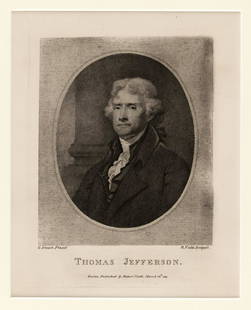 THOMAS JEFFERSON ROBERT FIELD G. STUART 1807 ENGRAVED PORTRAIT.: Matted to 12x16" (9.75x14"). Engraved & published by Robert Field, March 14th 1807 Boston after Gilbert Stuart painting. Possibly a later impression. Consistent toning at page edges obfuscated by mat.