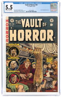 VAULT OF HORROR #30 APRIL-MAY 1953 CGC 5.5 FINE-.: EC. Classic dismemberment cover. Johnny Craig, Bill Gaines and Al Feldstein stories. Johnny Craig cover and art w/additional art by Jack Davis, George Evans and Graham Ingels. Off-white to white pages