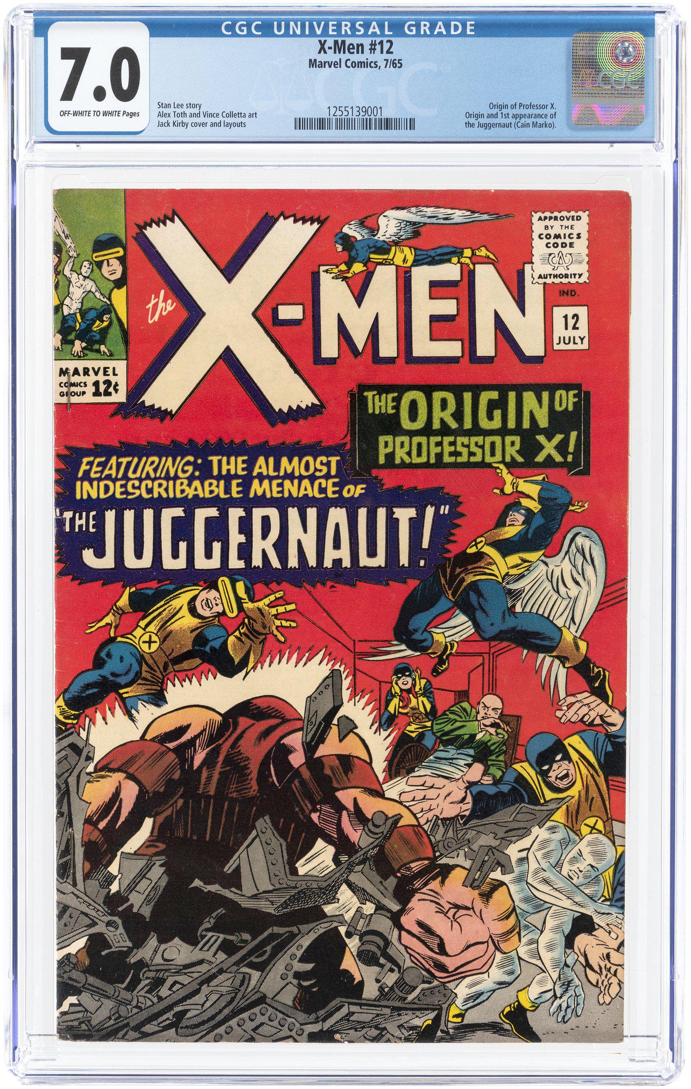 X-MEN #12 JULY 1965 CGC 7.0 FINE/VF (FIRST JUGGERNAUT).: Marvel. Origin of Professor X. Origin and first appearance of The Juggernaut (Cain Marko). Stan Lee story. Jack Kirby cover and layouts. Alex Toth and Vince Colletta art. Off-white to white pages. Key