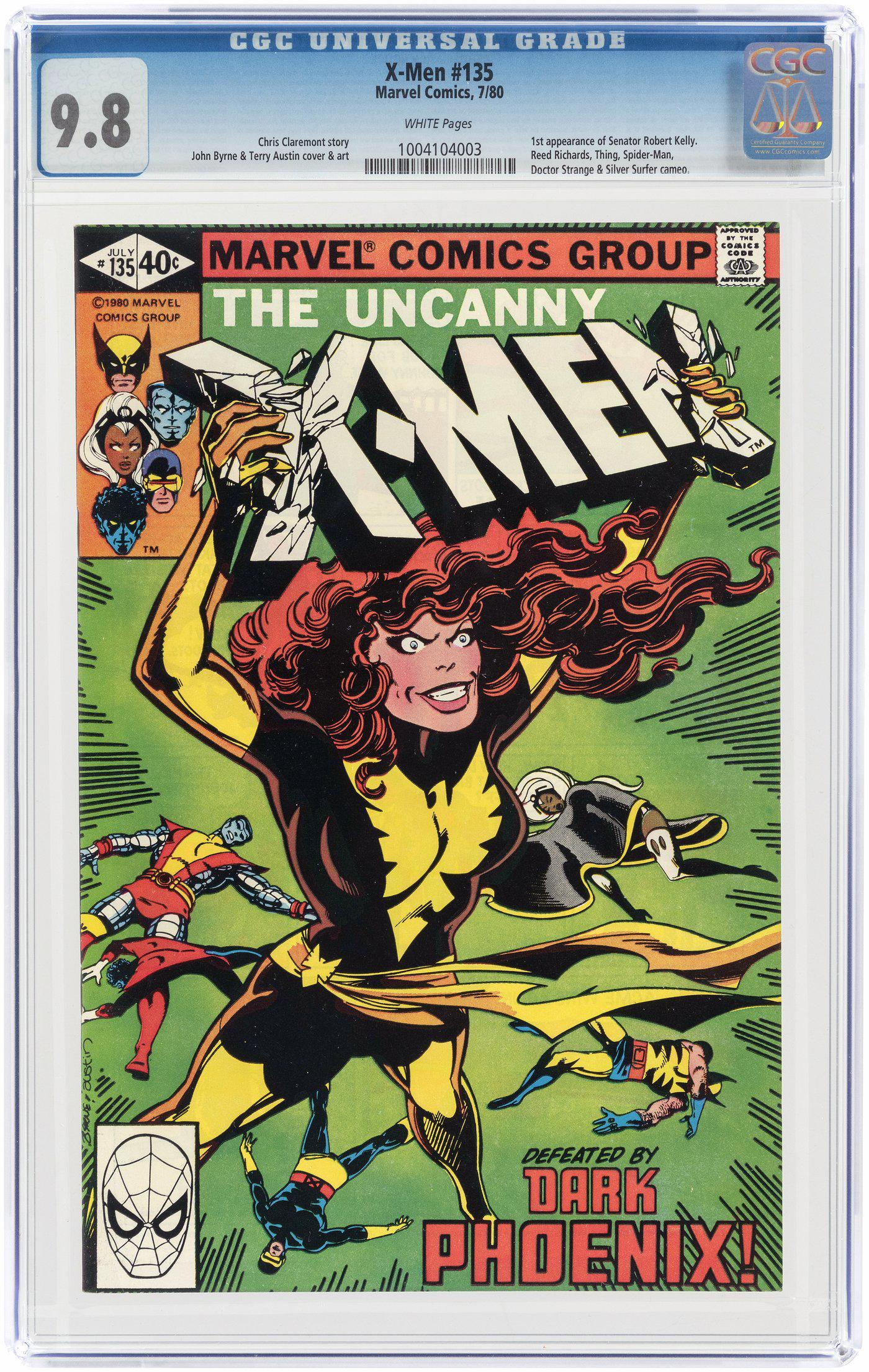 X-MEN #135 JULY 1980 CGC 9.8 NM/MINT (FIRST SENATOR ROBERT KELLY).: Marvel. First appearance of Senator Robert Kelly. Reed Richards, Thing, Spider-Man, Doctor Strange and Silver Surfer cameo. Chris Claremont story. John Byrne and Terry Austin cover and art. White page