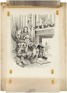 MEET ABRAHAM LINCOLN BOOK PAGE ORIGINAL ART ILLUSTRATION BY JACK DAVIS.: 15x20" heavy art board contains 9.5x13" pen and ink illustration of Abraham Lincoln lying on the floor, fireside in front of Mary Todd embroidering in a rocking chair by Jack Davis. Illustration was o