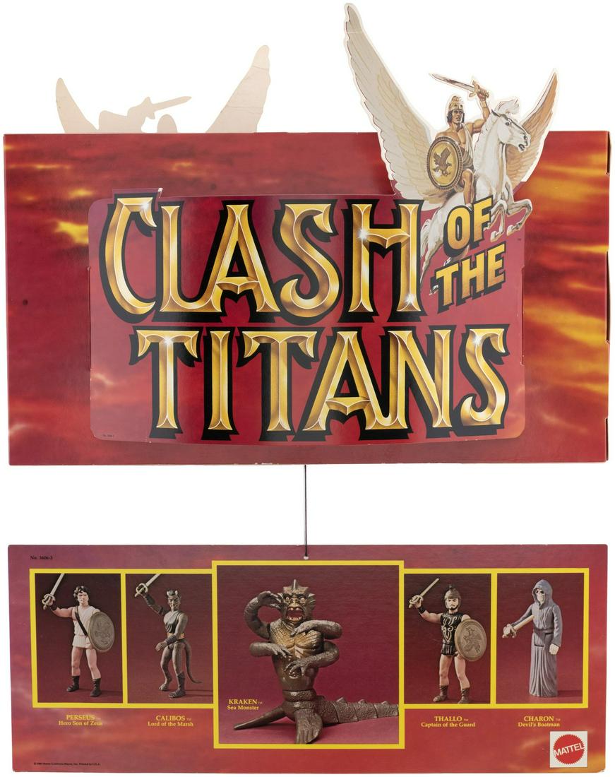 MATTEL CLASH OF THE TITANS ACTION FIGURES HANGING ADVERTISING DISPLAY.: Hanging display features two main components; main section measuring 9.75x17.5x1.5" deep w/die-cut "Clash Of The Titans" logo and Pegasus applied to front/back in three-dimensional manner w/overall he