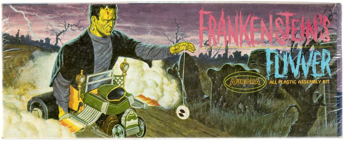 AURORA FRANKENSTEIN'S FLIVVER FACTORY-SEALED BOXED MODEL KIT.: Kit No. 465-98. ©1964 Universal Pictures Co., Inc. Great design featuring Frankenstein at the wheel of a tricked-out hot rod w/skull hubcaps and "Frankenstein" tombstone grille. Shrinkwrap has lt