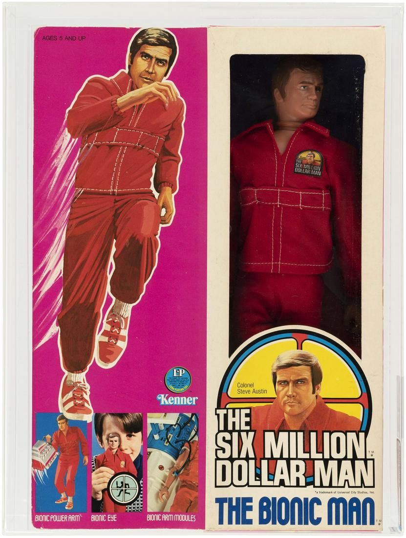 THE SIX MILLION DOLLAR MAN- THE BIONIC MAN AFA 75 Q-EX+/NM.: Box w/flap contains 12" tall Kenner action figure. Kenner 1976. Figure has elastic cuffs on shirt. AFA subgrades are as follows - B75 W70 F90. Qualified as complete, original and unused as box was not