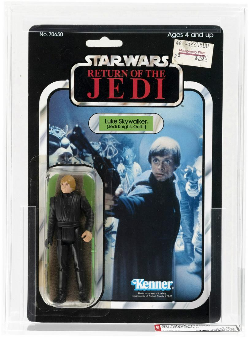 STAR WARS: RETURN OF THE JEDI (1983) - LUKE SKYWALKER (JEDI KNIGHT) 65 BACK-A (DEBUT CARD) AFA 75: Blister card contains 3.75" tall Kenner action figure. Card has been punched. Blister is slightly yellow. AFA subgrades are as follows - C75 B75 F85.