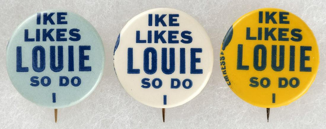 IKE LIKES LOUIE LEFKOWITZ SO DO I TRIO OF NEW YORK COATTAIL BUTTON VARIETIES.: Each is 7/8" w/union bugs along curl at 9 o'clock. From his 1961 mayoral campaign. He lost to Robert Wagner Jr. Each is glossy w/only minor wear. All are Exc. to NM. We've encountered the white and ye