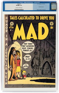 MAD #1 OCTOBER-NOVEMBER 1952 CGC 9.0 VF/NM.: EC. First satire comic. Harvey Kurtzman story and cover. Wally Wood, Bill Elder, Jack Davis and John Severin art. Off-white to white pages. Key EC comic.