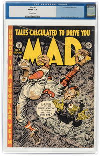 MAD #2 DECEMBER 1952 - JANUARY 1953 CGC 7.0 FINE/VF.: EC. Tarzan Of The Apes parody. Harvey Kurtzman story. Jack Davis cover and art w/additional art by John Severin, Bill Elder and Wally Wood. Off-white pages. Classic baseball cover.