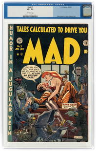 MAD #5 JUNE-JULY 1953 CGC 7.5 VF-.: EC. William Gaines biography. Blackhawk and Inner Sanctum parodies. Harvey Kurtzman stories. Bill Elder cover and art with additional art by Wally Wood, John Severin and Jack Davis. Off-white pages.