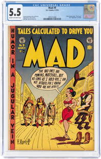 MAD #9 FEBRUARY-MARCH 1954 CGC 5.5 FINE-.: EC. Little Orphan Annie, "The Raven", and "High Noon" parodies. Wally Wood, John Severin, Bill Elder and Jack Davis art. Cream to off-white pages.