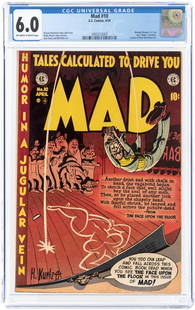 MAD #10 APRIL 1954 CGC 6.0 FINE.: EC. Wonder Woman, G.I. Joe and "Shane" parodies. One page of Basil Wolverton art. Harvey Kurtzman story and cover. Wally Wood, John Severin, Jack Davis and Bill Elder art. Off-white to white pages.