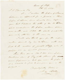 JOHN BELL 1835 HANDWRITTEN & SIGNED LETTER.: 7.75x9.75". Letter addressed to "J. L. Edwards, Esq." Dated February 17, 1835. Edwards was a lawyer appointed as the first Commissioner of Pensions in 1833, a position within the War Department. The l