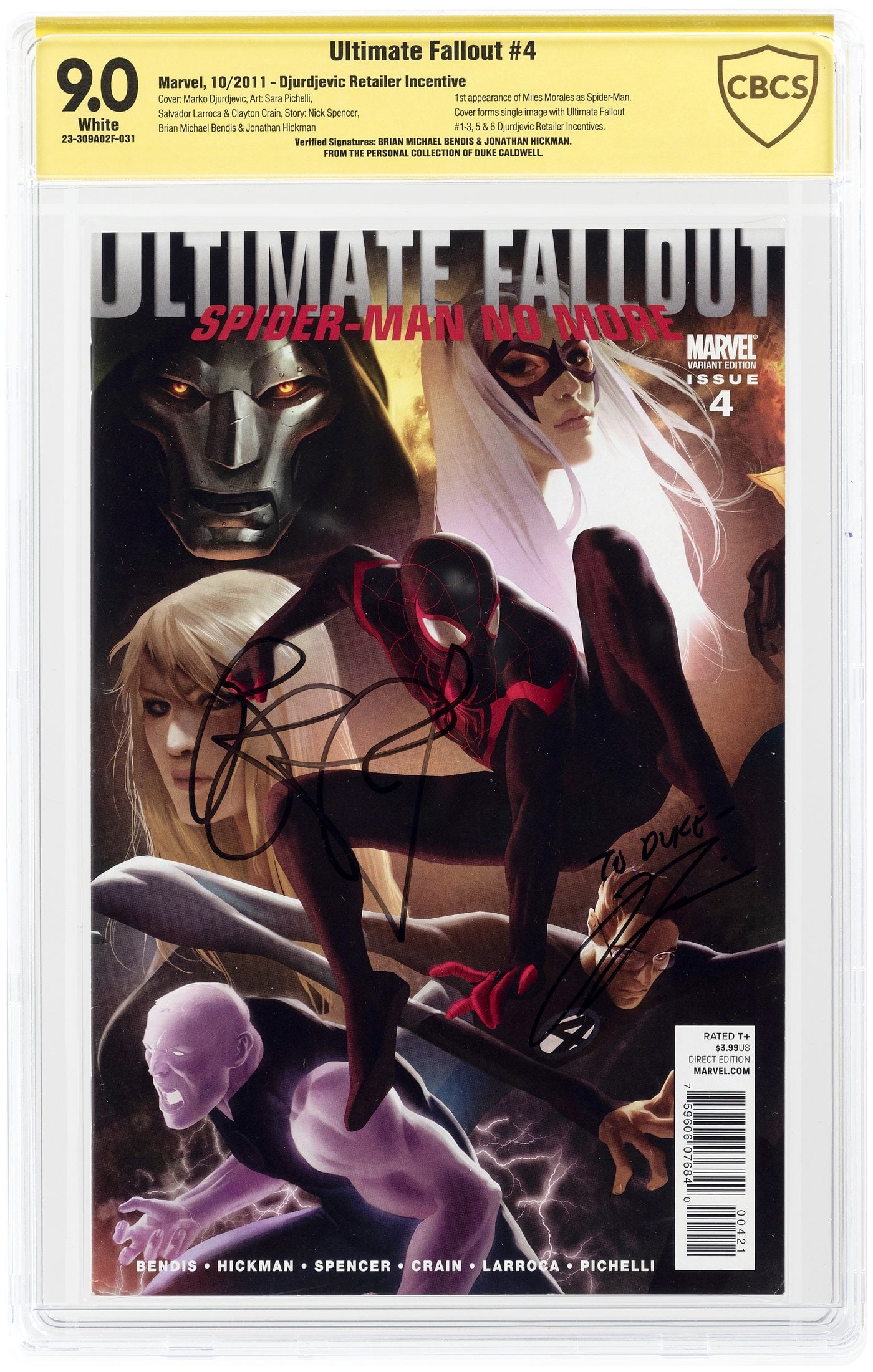 ULTIMATE FALLOUT #4 OCT. 2011 CBCS VERIFIED SIGNATURE 9.0 VF/NM (DJURDJEVIC 1:25 RETAILER INCENTIVE,: Marvel. Marko Djurdjevic Retailer Incentive variant (1:25). Cover forms a single image w/Ultimate Fallout #1-3 and #5-6 Djurdjevic variants. First appearance of the new Spider-Man (Miles Morales). Sig