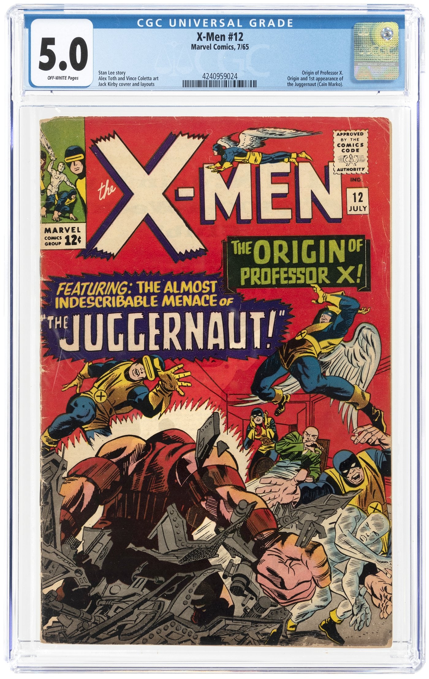 X-MEN #12 JULY 1965 CGC 5.0 VG/FINE (FIRST JUGGERNAUT).: Marvel. Origin of Professor X. Origin and first appearance of The Juggernaut (Cain Marko). Stan Lee story. Jack Kirby cover and layouts. Alex Toth and Vince Colletta art. Off-white pages. Key Silver A