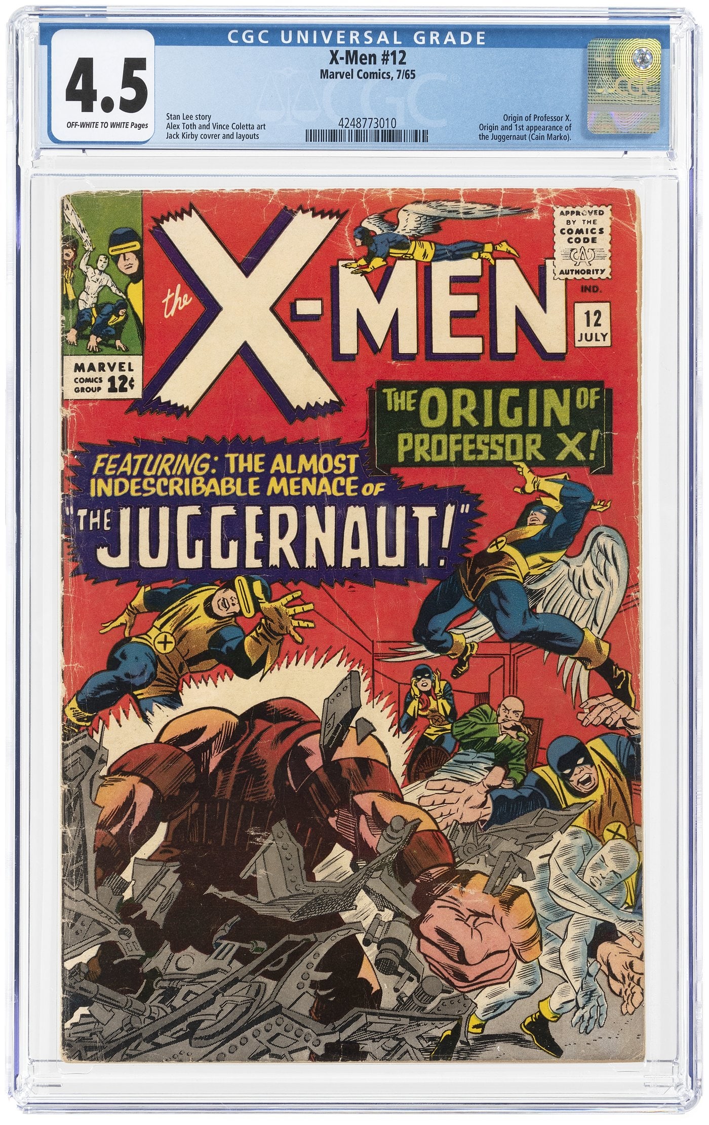X-MEN #12 JULY 1965 CGC 4.5 VG+ (FIRST JUGGERNAUT).: Marvel. Origin of Professor X. Origin and first appearance of The Juggernaut (Cain Marko). Stan Lee story. Jack Kirby cover and layouts. Alex Toth and Vince Colletta art. Off-white to white pages. Key