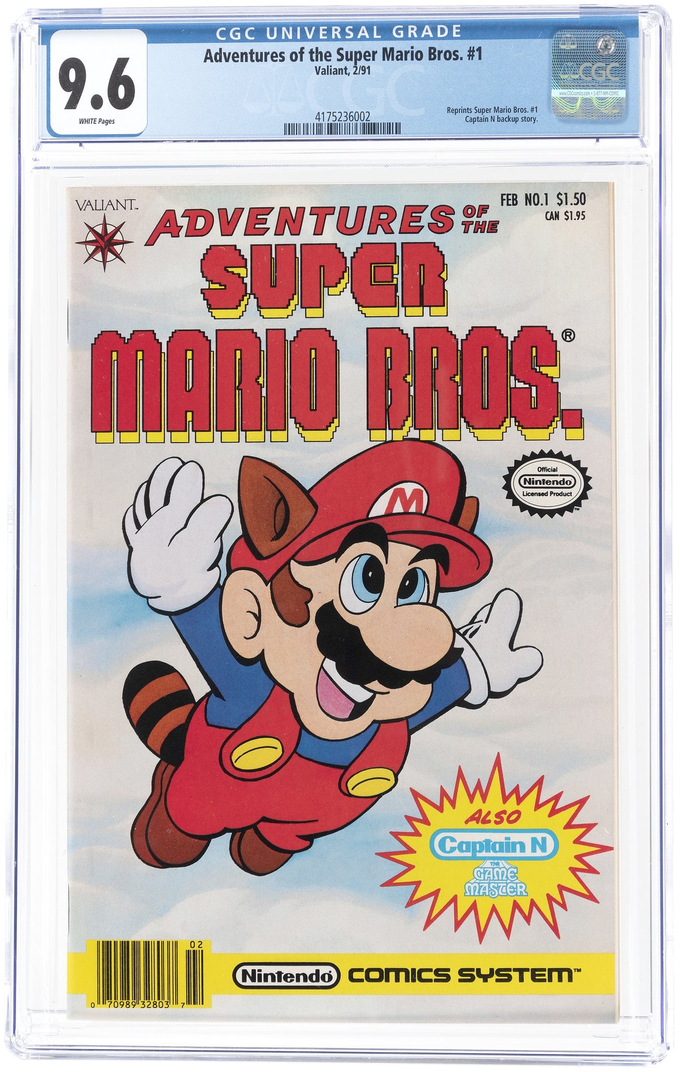 ADVENTURES OF THE SUPER MARIO BROS. #1 FEBRUARY 1991 CGC 9.6 NM+.: Valiant. Reprints Super Mario Bros. #1. Captain N backup story. John Walker, Bill Valley, Mark McLellan and George Caragonne stories. Art Nichols and George Wildman art. White pages.