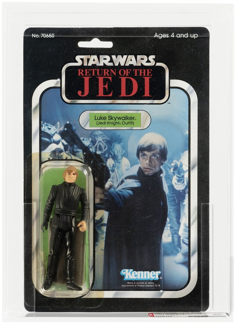 STAR WARS: RETURN OF THE JEDI (1983) - LUKE SKYWALKER (JEDI KNIGHT) 65 BACK-A AFA 80 NM.: Blister card contains 3.75" tall Kenner action figure; molded face variant w/cloak folded in bag behind figure. Card has been punched. AFA subgrades are as follows - C80 B85 F85. At time of grading, b