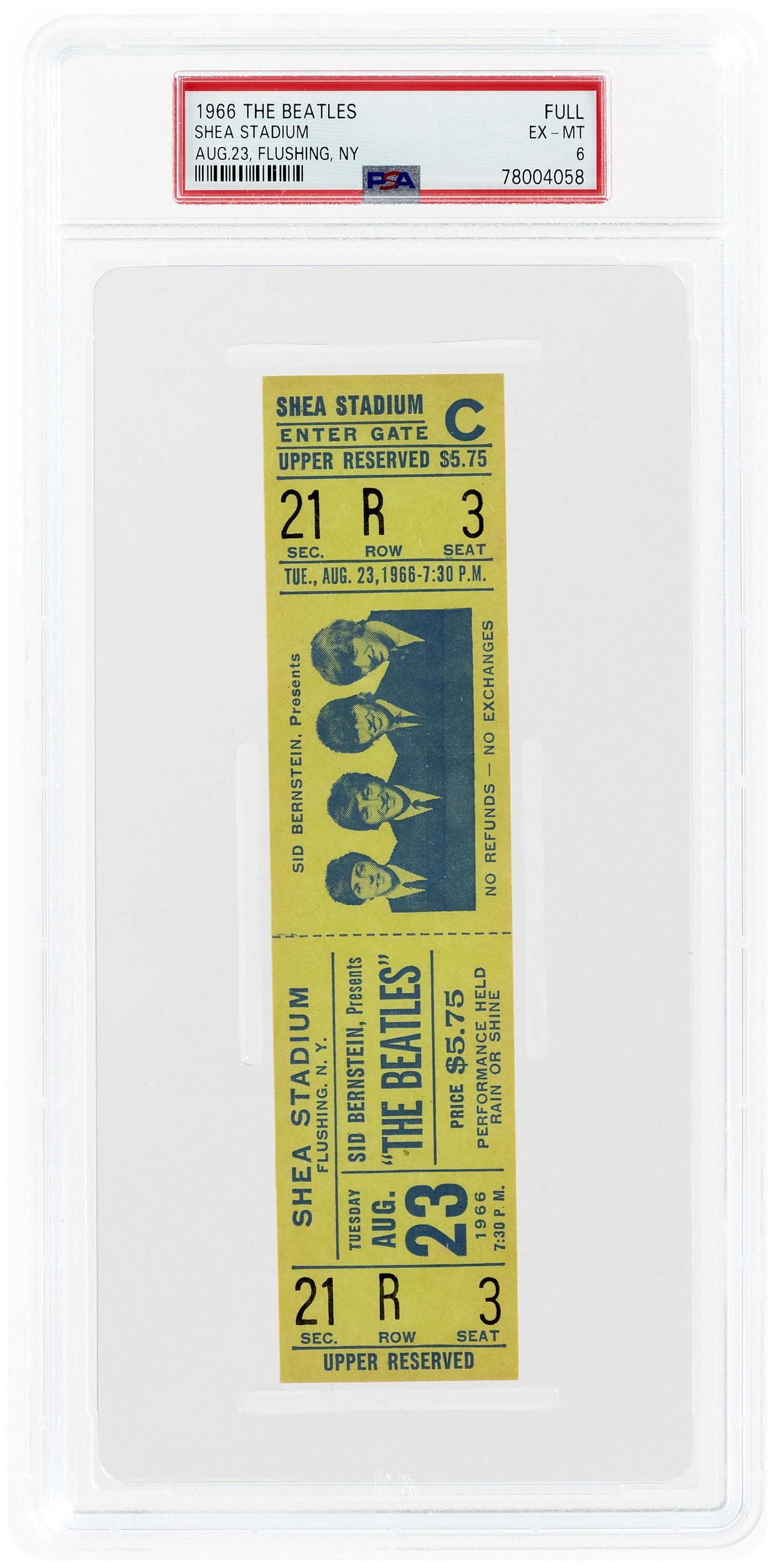 THE BEATLES 1966 SHEA STADIUM CONCERT TICKET FULL PSA EX-MINT 6.: 1.5x6.25" full $5.75 ticket for Aug. 23, 1966 concert has full band photo of Paul McCartney, John Lennon, George Harrison and Ringo Starr. The band's second performance at New York's Shea Stadium, the