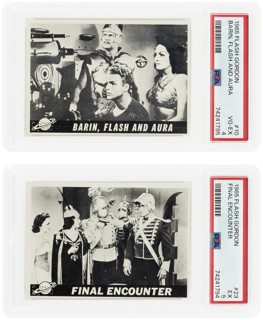 1965 TOPPS FLASH GORDON TEST CARDS #10 & #23 LOT OF 2 PSA GRADED.: 2.5x3.5". ACC # R710-27. From 1965 and a very rare test Topps test issue. Based upon the Flash Gordon serial from 1936. The card fronts are b/w photos from the serial w/the title of the card while the