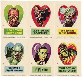 1966 TOPPS FRANKENSTEIN STICKERS SET WITH WRAPPER.: Set of 44. Each is 2.5x3.5". ACC# R705-9. Sticker fronts feature full color art by the likes of Norman Saunders, Wally Wood and Jack Davis. Tan backs. Stickers are die-cut heart designs w/humorous tex