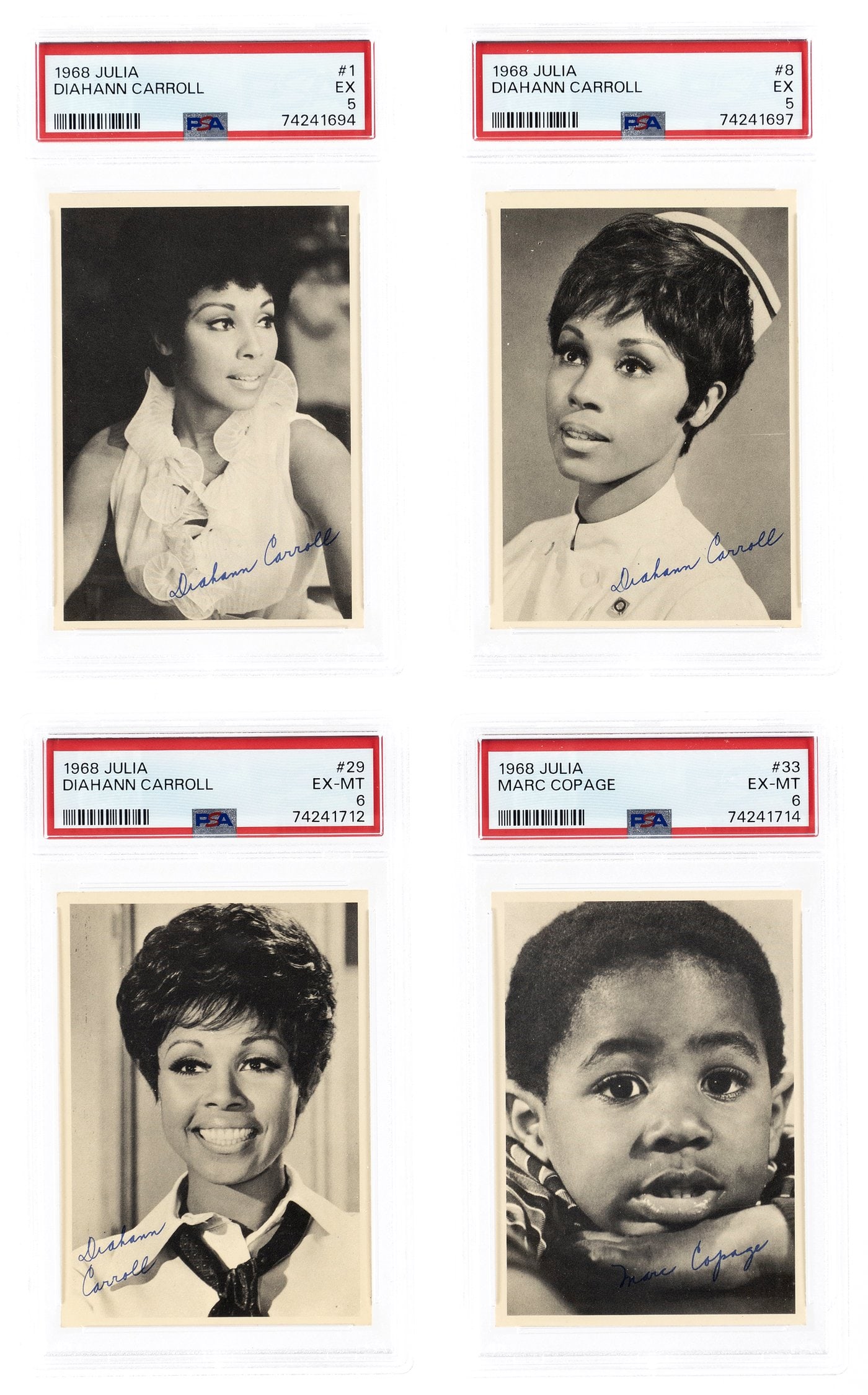1968 TOPPS JULIA TEST CARDS LOT OF 21 PSA GRADED.: 2.5x3.5". From 1968 and one of the three Topps test issues from that year. Based upon the popular Julia TV sitcom which was the first to feature an African American woman in a starring role where the